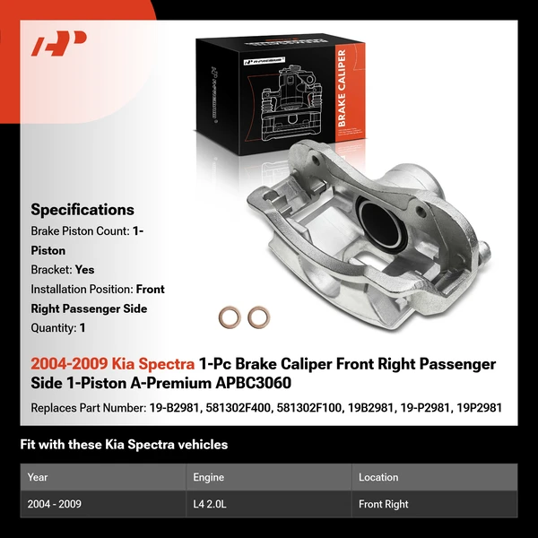 2004-2009 Kia Spectra 1-Pc Brake Caliper Front Right Passenger Side 1-Piston A-Premium APBC3060