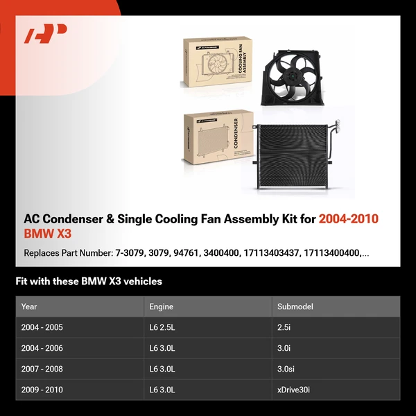 AC Condenser & Single Cooling Fan Assembly Kit for 2004-2010 BMW X3