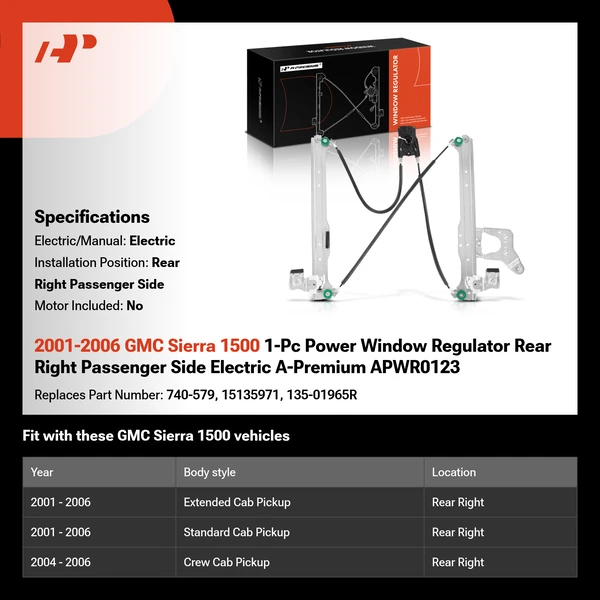 2001-2006 GMC Sierra 1500 1-Pc Power Window Regulator Rear Right Passenger Side Electric A-Premium APWR0123