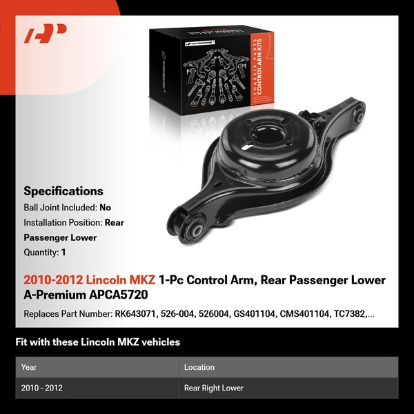 2010-2012 Lincoln MKZ 1-Pc Control Arm, Rear Passenger Lower A-Premium APCA5720