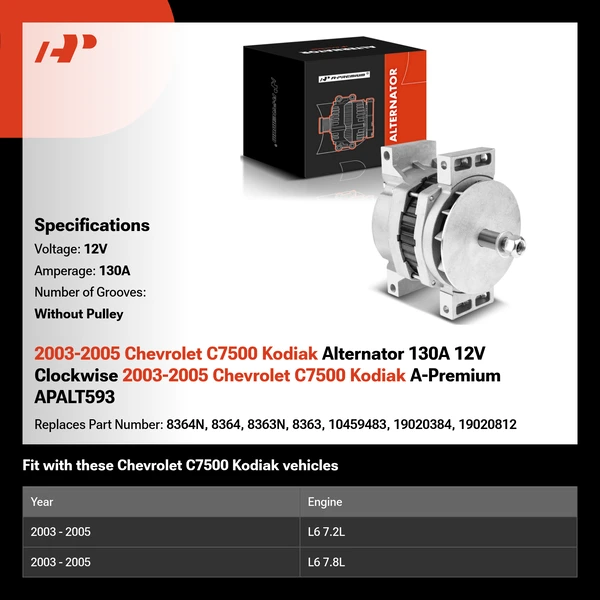 2003-2005 Chevrolet C7500 Kodiak Alternator 130A 12V Clockwise 2003-2005 Chevrolet C7500 Kodiak A-Premium APALT593