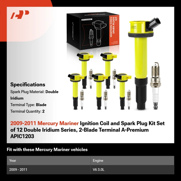 2009-2011 Mercury Mariner Ignition Coil and Spark Plug Kit Set of 12 Double Iridium Series, 2-Blade Terminal A-Premium APIC1203