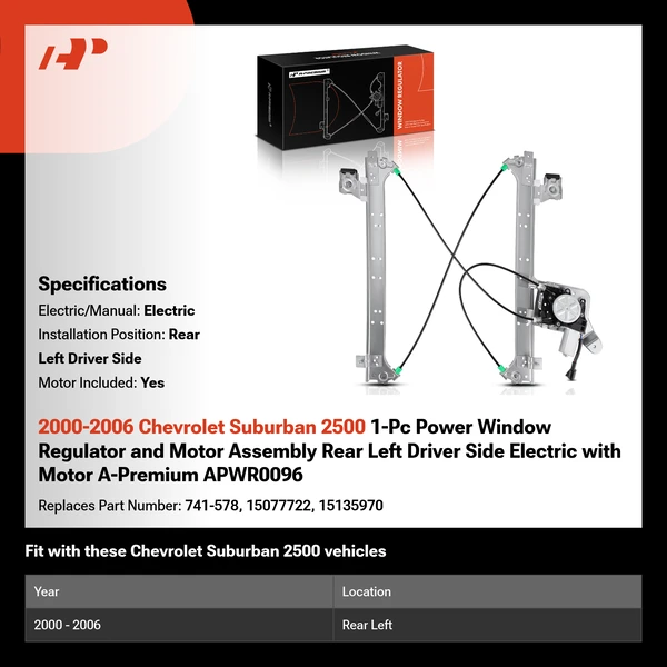 2000-2006 Chevrolet Suburban 2500 1-Pc Power Window Regulator and Motor Assembly Rear Left Driver Side Electric with Motor A-Premium APWR0096