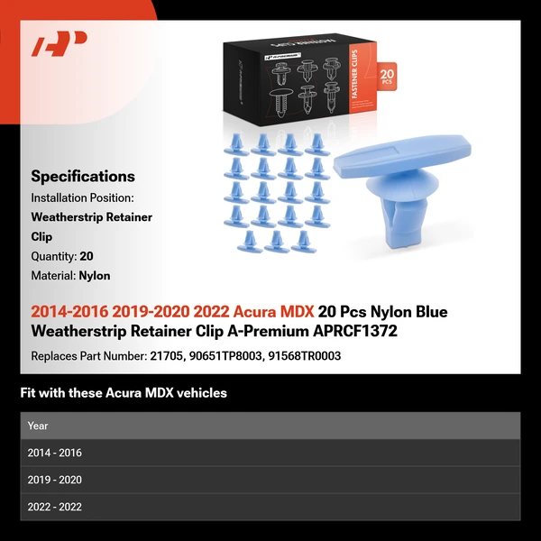 2014-2016 2019-2020 2022 Acura MDX 20 Pcs Nylon Blue Weatherstrip Retainer Clip A-Premium APRCF1372