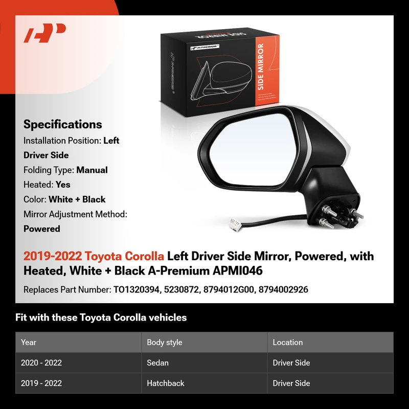 2019-2022 Toyota Corolla Left Driver Side Mirror, Powered, with Heated, White + Black A-Premium APMI046