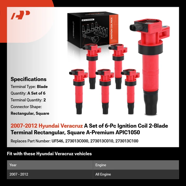 2007-2012 Hyundai Veracruz A Set of 6-Pc Ignition Coil 2-Blade Terminal Rectangular, Square A-Premium APIC1050