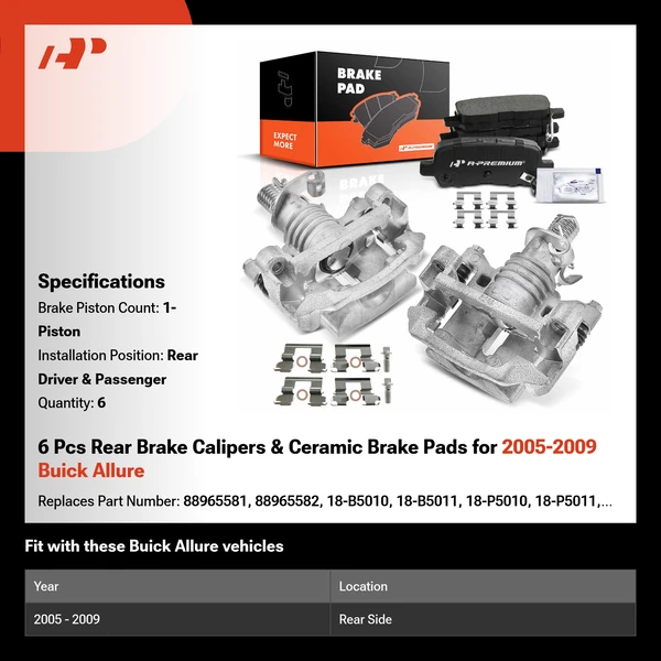6 Pcs Rear Brake Calipers & Ceramic Brake Pads for 2005-2009 Buick Allure