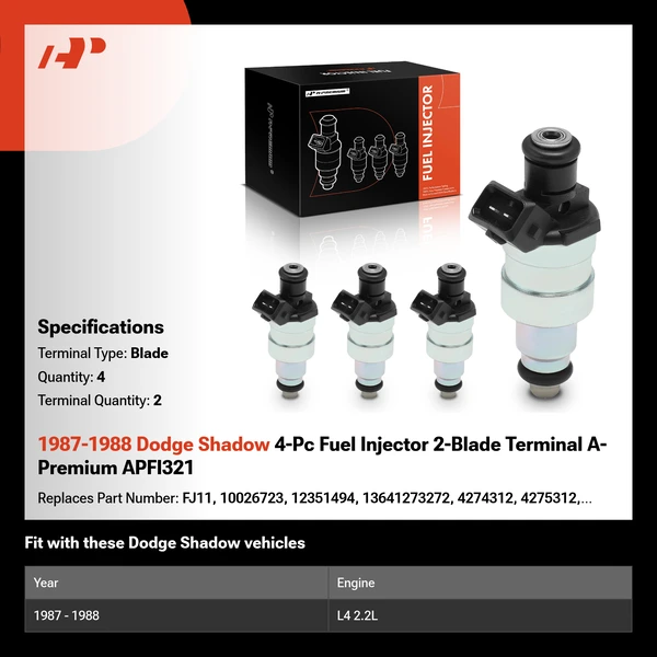 1987-1988 Dodge Shadow 4-Pc Fuel Injector 2-Blade Terminal A-Premium APFI321