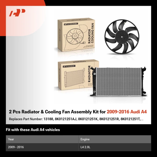 2 Pcs Radiator & Cooling Fan Assembly Kit for 2009-2016 Audi A4