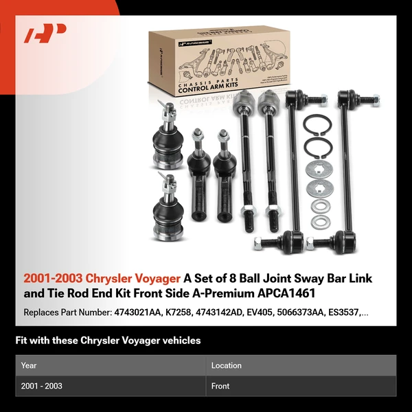 2001-2003 Chrysler Voyager A Set of 8 Ball Joint Sway Bar Link and Tie Rod End Kit Front Side A-Premium APCA1461