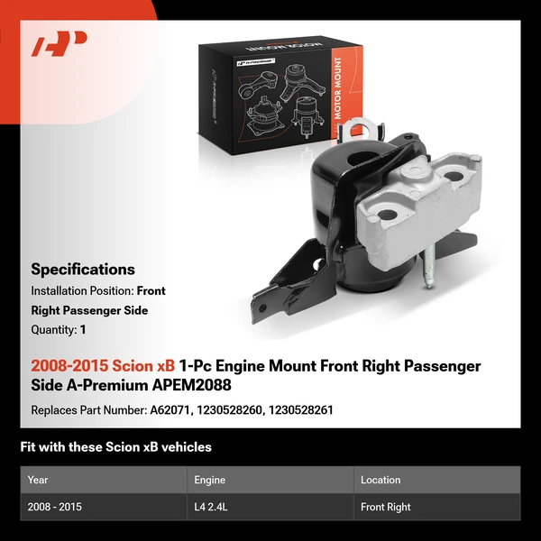 2008-2015 Scion xB 1-Pc Engine Mount Front Right Passenger Side A-Premium APEM2088