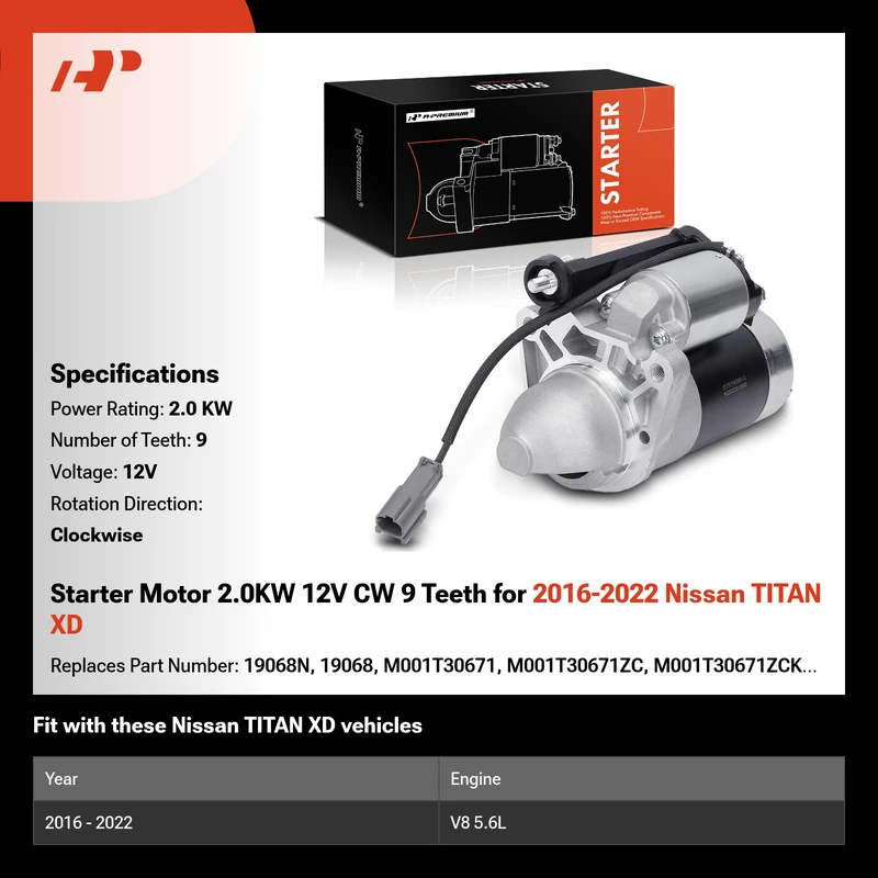Starter Motor 2.0KW 12V CW 9 Teeth for 2016-2022 Nissan TITAN XD
