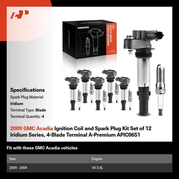 2009 GMC Acadia Ignition Coil and Spark Plug Kit Set of 12 Iridium Series, 4-Blade Terminal A-Premium APIC0651
