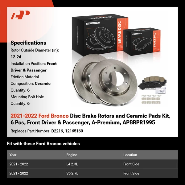 2021-2022 Ford Bronco Disc Brake Rotors and Ceramic Pads Kit, 6 Pcs, Front Driver & Passenger, A-Premium, APBRPR1995