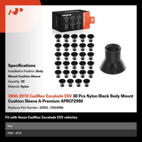 2006-2018 Cadillac Escalade ESV 30 Pcs Nylon Black Body Mount Cushion Sleeve A-Premium APRCF2980