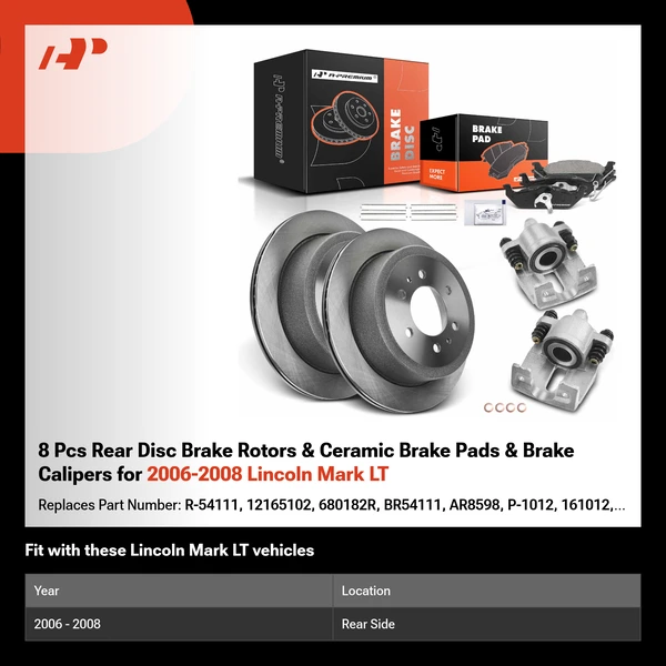 8 Pcs Rear Disc Brake Rotors & Ceramic Brake Pads & Brake Calipers for 2006-2008 Lincoln Mark LT