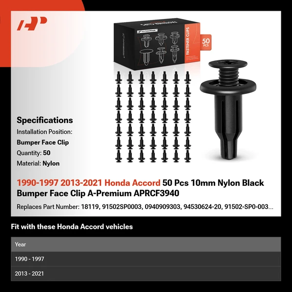 1990-1997 2013-2021 Honda Accord 50 Pcs 10mm Nylon Black Bumper Face Clip A-Premium APRCF3940