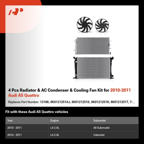 4 Pcs Radiator & AC Condenser & Cooling Fan Kit for 2010-2011 Audi A5 Quattro
