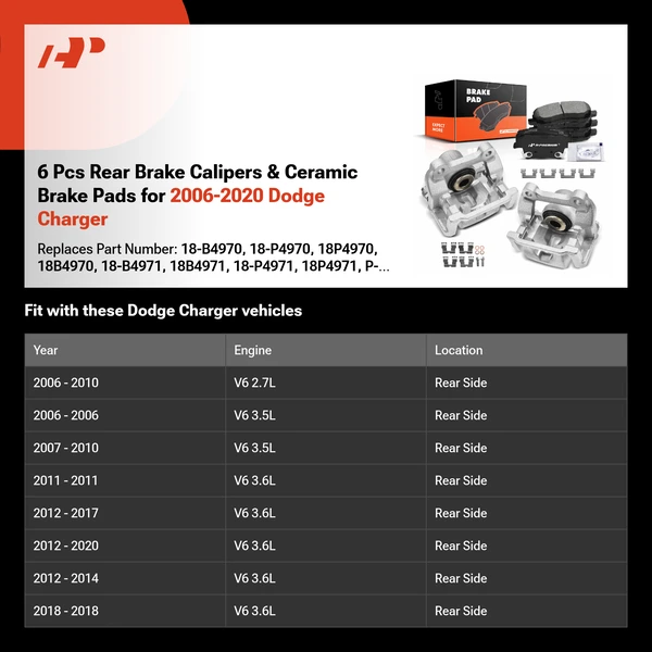 6 Pcs Rear Brake Calipers & Ceramic Brake Pads for 2006-2020 Dodge Charger