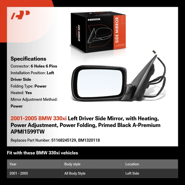 2001-2005 BMW 330xi Left Driver Side Mirror, with Heating, Power Adjustment, Power Folding, Primed Black A-Premium APMI1599TW