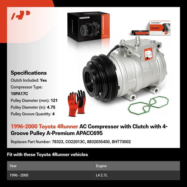 1996-2000 Toyota 4Runner AC Compressor with Clutch with 4-Groove Pulley A-Premium APACC695