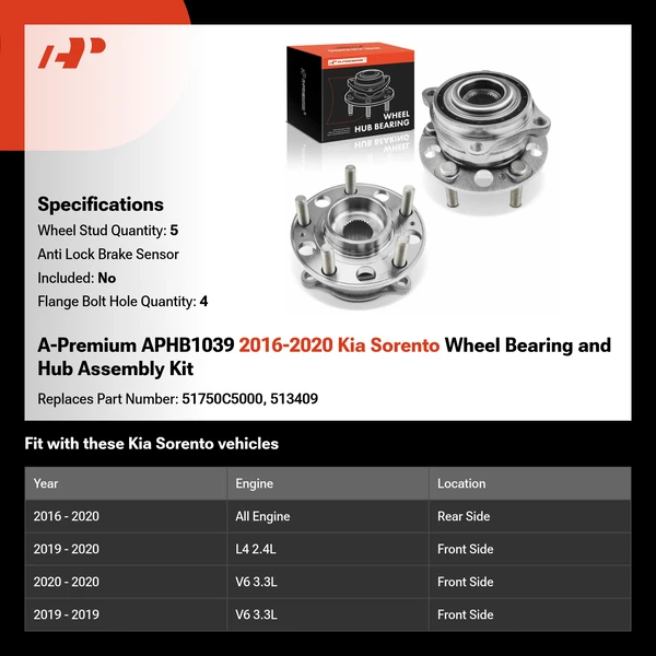A-Premium APHB1039 2016-2020 Kia Sorento Wheel Bearing and Hub Assembly Kit