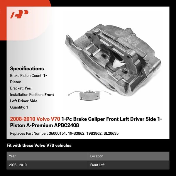 2008-2010 Volvo V70 1-Pc Brake Caliper Front Left Driver Side 1-Piston A-Premium APBC2408