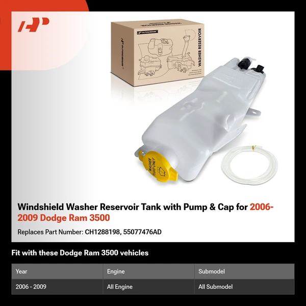 Windshield Washer Reservoir Tank with Pump & Cap for 2006-2009 Dodge Ram 3500