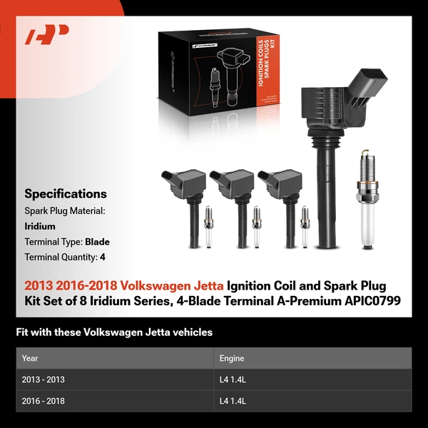 2013 2016-2018 Volkswagen Jetta Ignition Coil and Spark Plug Kit Set of 8 Iridium Series, 4-Blade Terminal A-Premium APIC0799