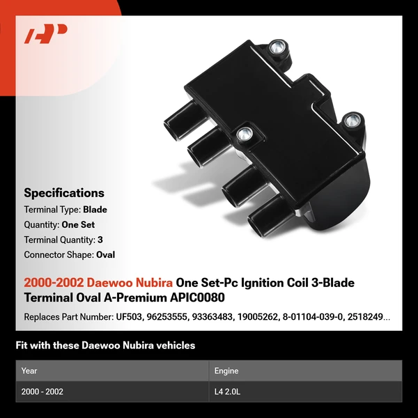 2000-2002 Daewoo Nubira One Set-Pc Ignition Coil 3-Blade Terminal Oval A-Premium APIC0080
