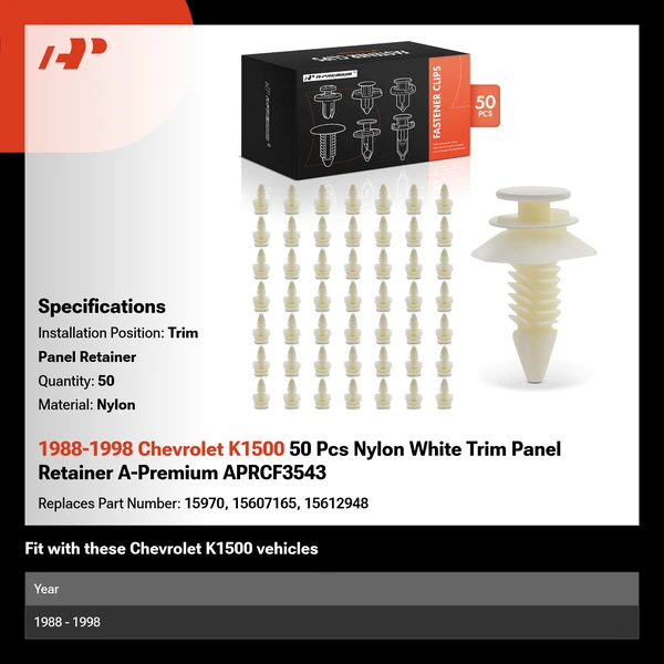 1988-1998 Chevrolet K1500 50 Pcs Nylon White Trim Panel Retainer A-Premium APRCF3543