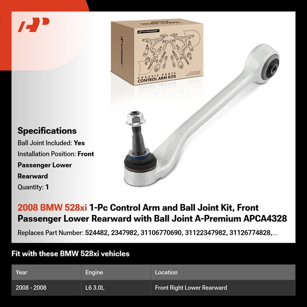 2008 BMW 528xi 1-Pc Control Arm and Ball Joint Kit, Front Passenger Lower Rearward with Ball Joint A-Premium APCA4328