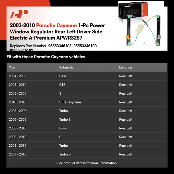 2003-2010 Porsche Cayenne 1-Pc Power Window Regulator Rear Left Driver Side Electric A-Premium APWR3257