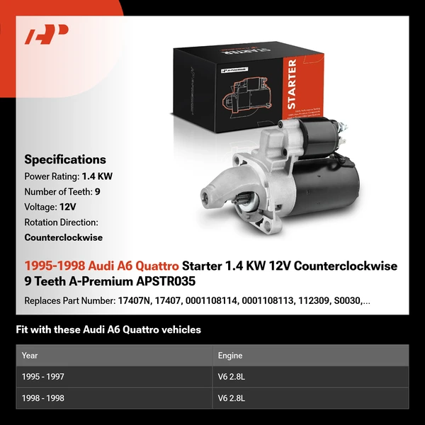 1995-1998 Audi A6 Quattro Starter 1.4 KW 12V Counterclockwise 9 Teeth A-Premium APSTR035