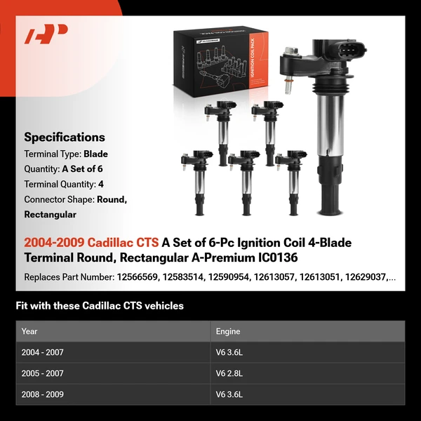 2004-2009 Cadillac CTS A Set of 6-Pc Ignition Coil 4-Blade Terminal Round, Rectangular A-Premium IC0136