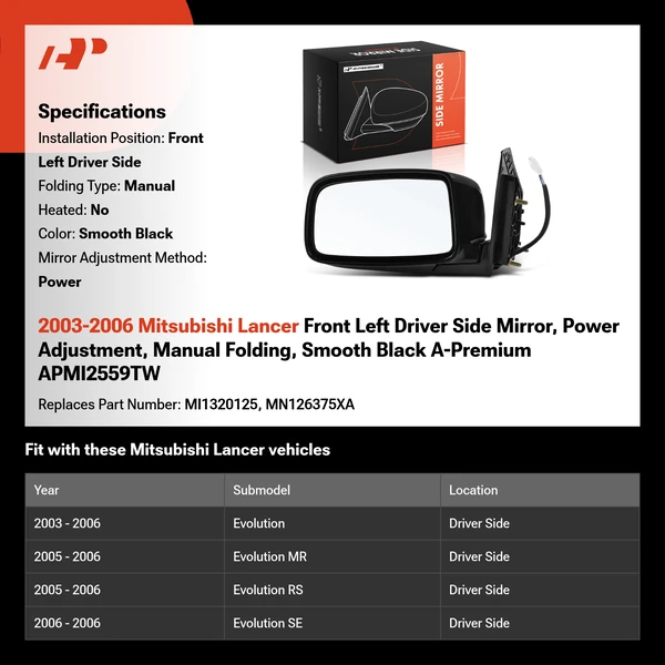2003-2006 Mitsubishi Lancer Front Left Driver Side Mirror, Power Adjustment, Manual Folding, Smooth Black A-Premium APMI2559TW