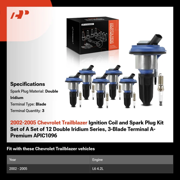 2002-2005 Chevrolet Trailblazer Ignition Coil and Spark Plug Kit Set of A Set of 12 Double Iridium Series, 3-Blade Terminal A-Premium APIC1096