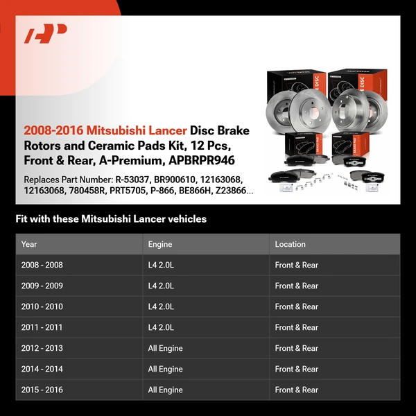 2008-2016 Mitsubishi Lancer Disc Brake Rotors and Ceramic Pads Kit, 12 Pcs, Front & Rear, A-Premium, APBRPR946