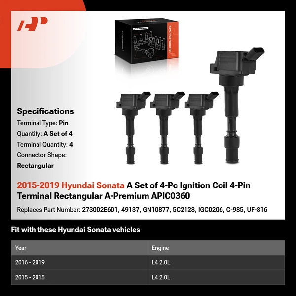 2015-2019 Hyundai Sonata A Set of 4-Pc Ignition Coil 4-Pin Terminal Rectangular A-Premium APIC0360