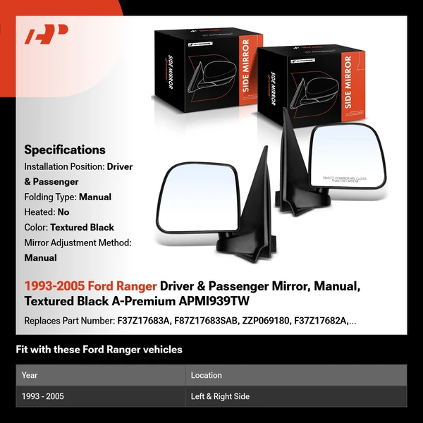 1993-2005 Ford Ranger Driver & Passenger Mirror, Manual, Textured Black A-Premium APMI939TW
