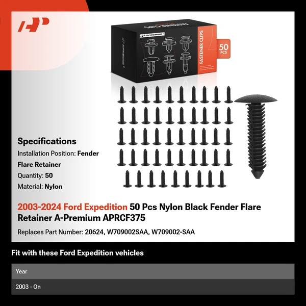 2003-2024 Ford Expedition 50 Pcs Nylon Black Fender Flare Retainer A-Premium APRCF375