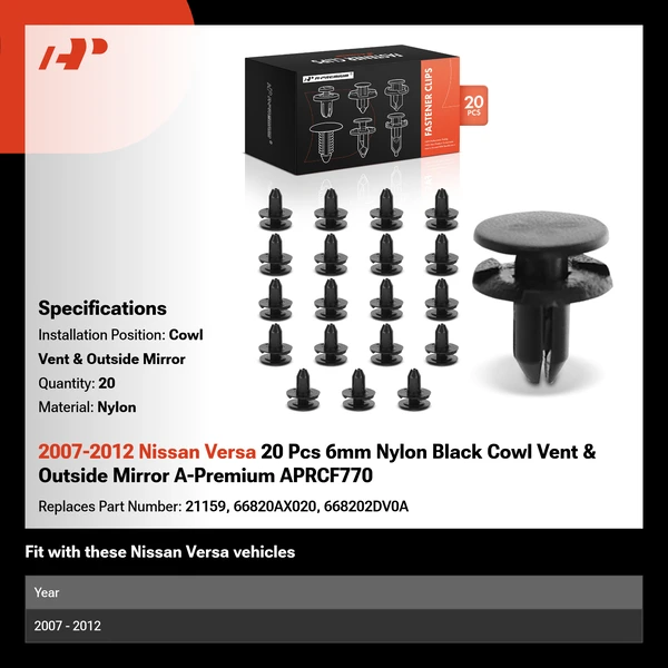 2007-2012 Nissan Versa 20 Pcs 6mm Nylon Black Cowl Vent & Outside Mirror A-Premium APRCF770