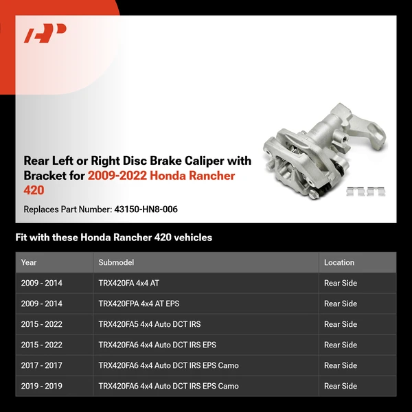 Rear Left or Right Disc Brake Caliper with Bracket for 2009-2022 Honda Rancher 420