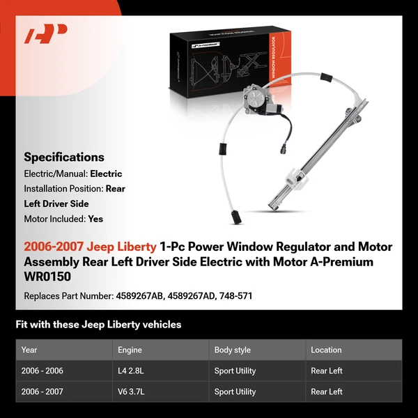 2006-2007 Jeep Liberty 1-Pc Power Window Regulator and Motor Assembly Rear Left Driver Side Electric with Motor A-Premium WR0150