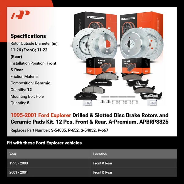1995-2001 Ford Explorer Drilled & Slotted Disc Brake Rotors and Ceramic Pads Kit, 12 Pcs, Front & Rear, A-Premium, APBRPS325