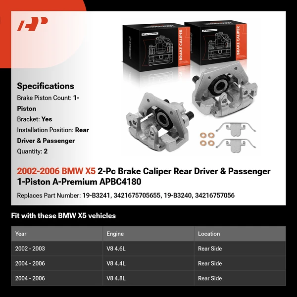 2002-2006 BMW X5 2-Pc Brake Caliper Rear Driver & Passenger 1-Piston A-Premium APBC4180