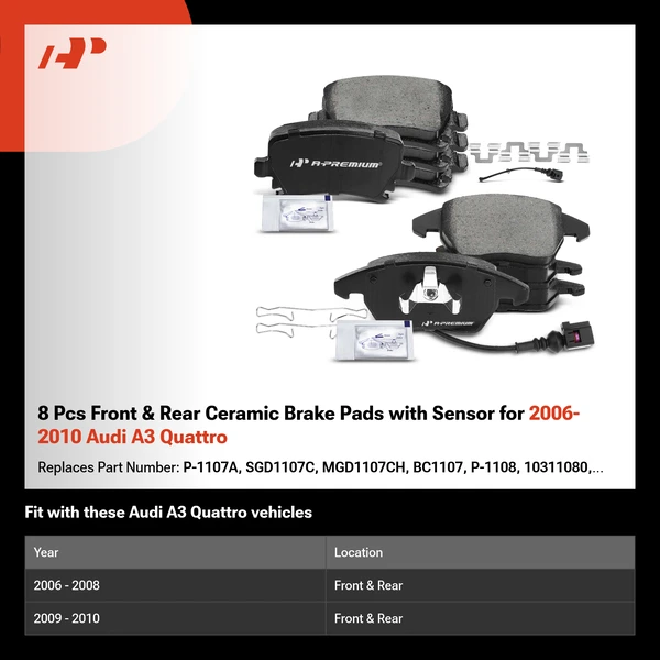 8 Pcs Front & Rear Ceramic Brake Pads with Sensor for 2006-2010 Audi A3 Quattro