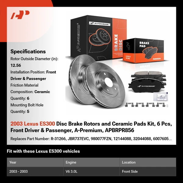 2003 Lexus ES300 Disc Brake Rotors and Ceramic Pads Kit, 6 Pcs, Front Driver & Passenger, A-Premium, APBRPR856