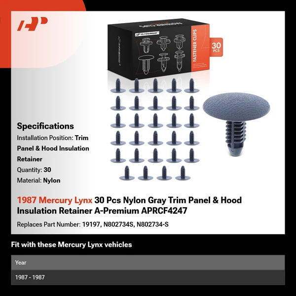 1987 Mercury Lynx 30 Pcs Nylon Gray Trim Panel & Hood Insulation Retainer A-Premium APRCF4247