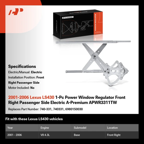 2001-2006 Lexus LS430 1-Pc Power Window Regulator Front Right Passenger Side Electric A-Premium APWR3311TW